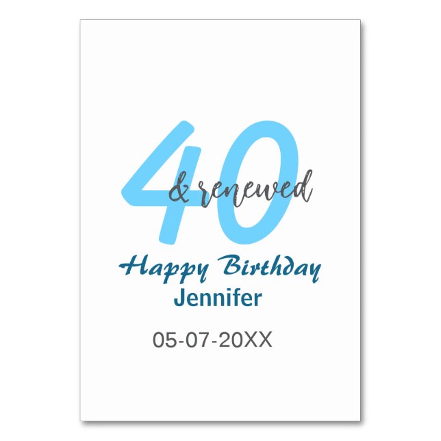 Tarjeta De Mesa 40th & renewed birthday name date blue bold number (Anverso)