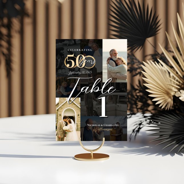 Tarjeta De Mesa 50° aniversario Boda entonces y ahora Collage de f (50th Wedding Anniversary Then & Now Photo Collage Table Number)