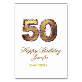 Tarjeta De Mesa 50th birthday add name date year gold floral bold 