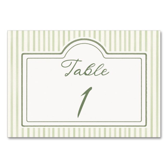 Tarjeta de mesa a rayas para boda verde (Anverso)