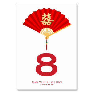 Tarjeta De Mesa Abanico Chino y Doble Felicidad Boda China