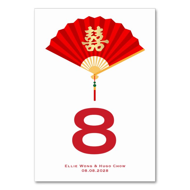 Tarjeta De Mesa Abanico Chino y Doble Felicidad | Boda China (Anverso)
