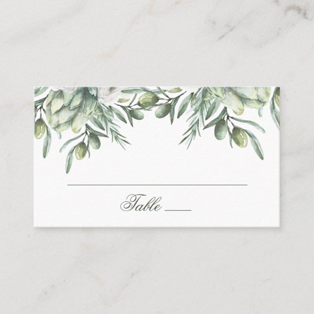 Tarjeta De Mesa Aceitunas acuarelas. Boda italiano con flores de v (Anverso)