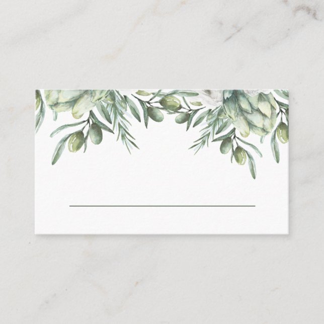 Tarjeta De Mesa Aceitunas acuarelas. Elegante boda italiano floral (Anverso)