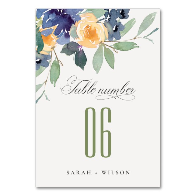 Tarjeta De Mesa Acuarela alegre Boda floral azul amarillo (Anverso)