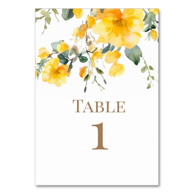 Tarjeta De Mesa Acuarela Amarillo Boda Floral Dorado Textos (Anverso)