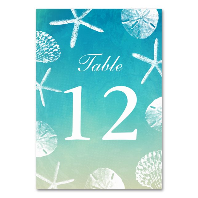 Tarjeta De Mesa Acuarela Beach Wedding Seasheles Números de tabla (Anverso)