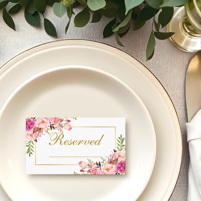Tarjeta De Mesa Acuarela Boda floral rosa nombre reservado oro (Customize to change text color, style or to add more text to front or back.)
