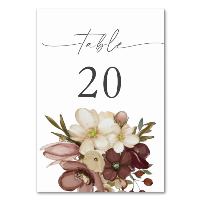 Tarjeta De Mesa Acuarela Boho Rosa & Mesa Neutral 20 Número (Anverso)
