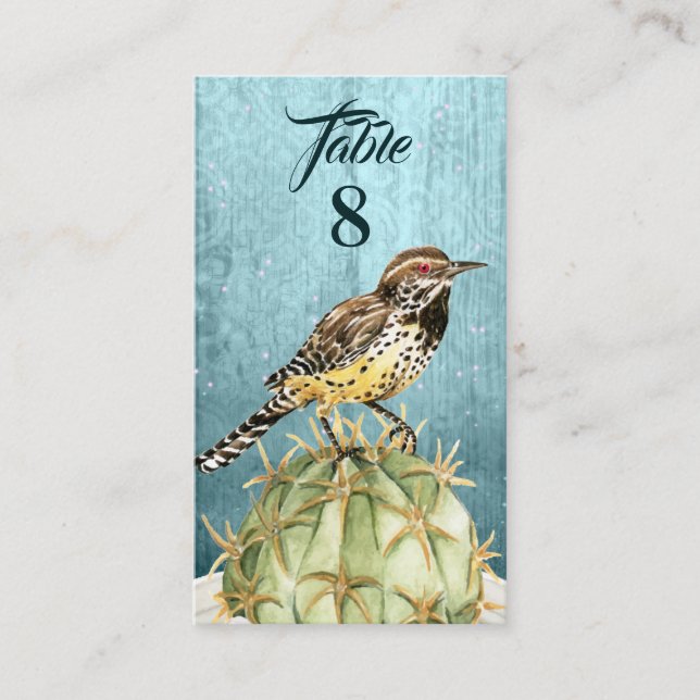 Tarjeta De Mesa Acuarela Cactus con Boda de pájaro Wren (Anverso)