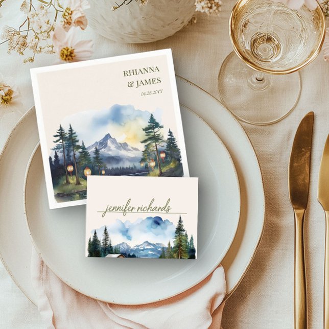 Tarjeta De Mesa Acuarela del bosque montañoso del país (Table Place Card from the Country Lake wedding collection by Darling & May)