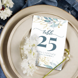 Tarjeta De Mesa Acuarela Dusty Blue Gold Floral Elegante Boda