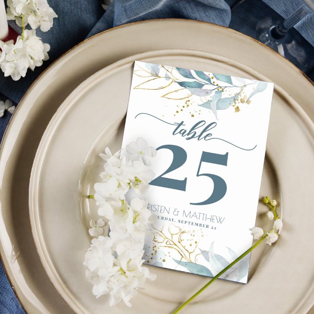 Tarjeta De Mesa Acuarela Dusty Blue Gold Floral Elegante Boda (Elegant dusty blue greenery with gold accent makes this the perfect table card for your boho wedding)