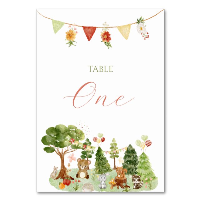 Tarjeta De Mesa Acuarela Elegante fiesta Woodland Número de tabla (Anverso)