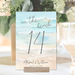 Tarjeta De Mesa Acuarela En La Boda De La Playa<br><div class="desc">Tarjeta de número de tabla de Boda de acuarela costera simple. Trae un toque costero a la recepción de tu boda con esta tarjeta de números de la mesa con temática de la playa que presenta un diseño de acuarela apacible en tonos azules y tostados. La obra de arte abstracta...</div>