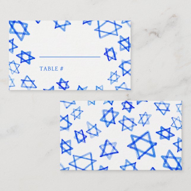 Tarjeta De Mesa Acuarela Estrella de David Bar Mitzvah Azul (Anverso / Reverso)