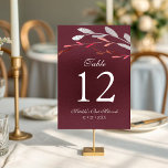 Tarjeta De Mesa Acuarela Floral Botánico de Suculentas Bat Mitzvah<br><div class="desc">Este diseño presenta un elegante ramo floral de suculentas en acuarela en azul suave y plata con follaje rojo borgoña y plata sobre un fondo brillante borgoña con el número de su mesa y la información adicional a continuación. Personalice editando el texto en las casillas de texto. Diseñado para usted...</div>