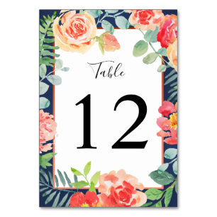 Tarjeta De Mesa Acuarela Floral Coral Naval Follaje Boda