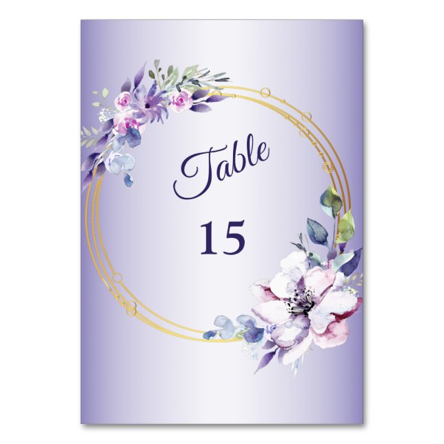 Tarjeta De Mesa Acuarela Floral rosa Geométrica Púrpura Dorada (Anverso)