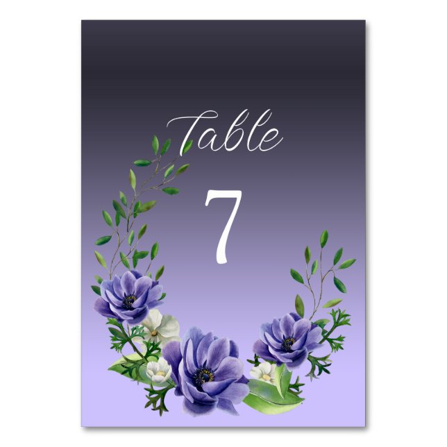Tarjeta De Mesa Acuarela Flores púrpura Número de tabla (Anverso)