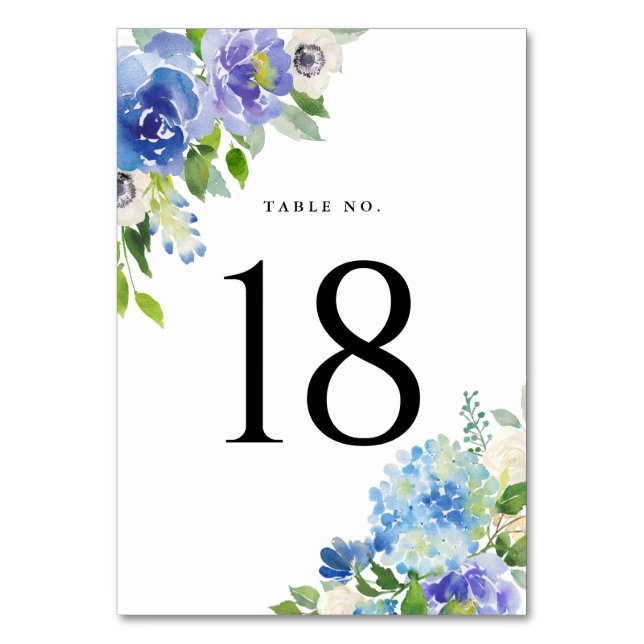 Tarjeta De Mesa Acuarela Hidrangeas Azul Números de tabla floral (Anverso)