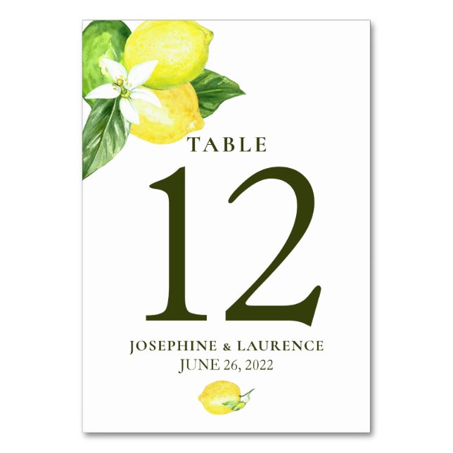 Tarjeta De Mesa Acuarela Lemons Greenery Boda Número de tabla (Anverso)