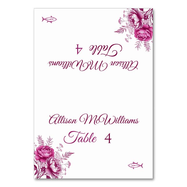 Tarjeta De Mesa Acuarela Magenta Peony-Fish Icon-Boda- (Anverso)