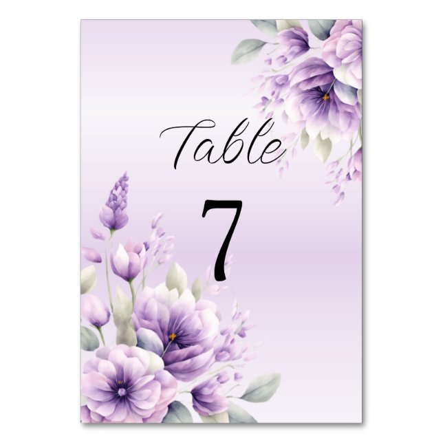 Tarjeta De Mesa Acuarela Morado Número de Tabla Floral (Anverso)
