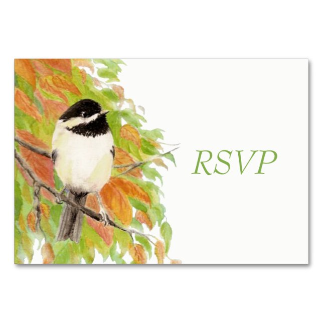 Tarjeta De Mesa Acuarela Otoño Boda RSVP Carbonero Común (Anverso)