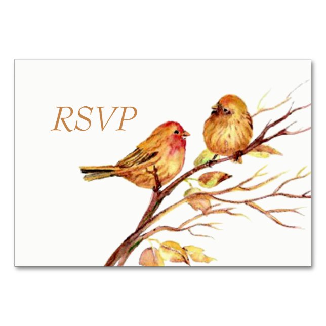 Tarjeta De Mesa Acuarela Pájaros Rojos Marrones RSVP (Anverso)