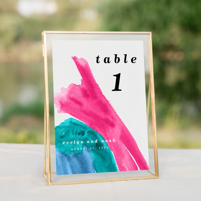 Tarjeta De Mesa Acuarela rosa caliente (Bright vibrant watercolor wash in hot pink and turquoise wedding suite modern table number sign.)