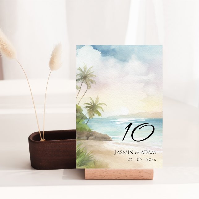 Tarjeta De Mesa Acuarela Tropical Beach Palm Trees Boda (Watercolor Tropical Beach Palm Trees Wedding Table Number)