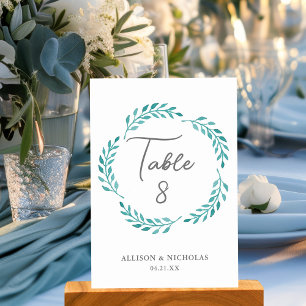 Tarjeta De Mesa Acuarela Verde azulada simple Boda de vino botánic