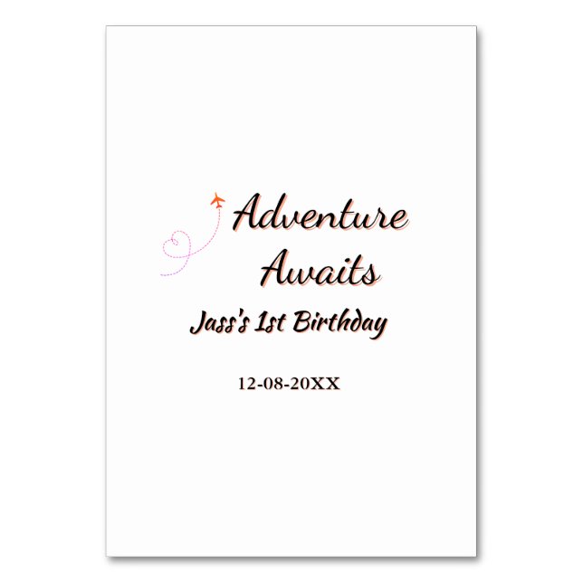 Tarjeta De Mesa Adventure awaits 1st birthday name date planeretro (Anverso)
