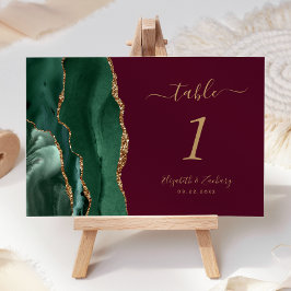 Tarjeta De Mesa Ágata Dorada Verde Esmeralda Burgundy Boda