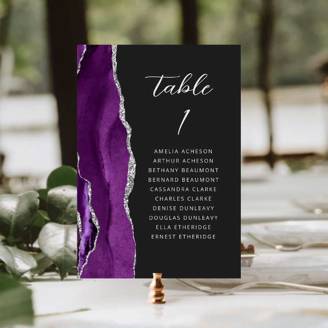Tarjeta De Mesa Ágata Púrpura Plata Moderno Script Bodas Oscuras (Subido por el creador)