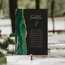 Tarjeta De Mesa Agata Verde Esmeralda Oro Moderno Script Bodas