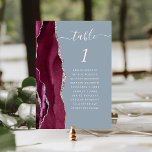 Tarjeta De Mesa Agate de plata borgoña Boda azul turbio<br><div class="desc">El borde izquierdo de esta elegante y moderna tarjeta boda número de mesa cuenta con un borde de agujeros color rojo color burdeos con un falso purpurina plateado. La palabra "tabla" aparece en un guión de escritura a mano en blanco sobre un fondo azul polvoriento. Agregue los nombres de los...</div>