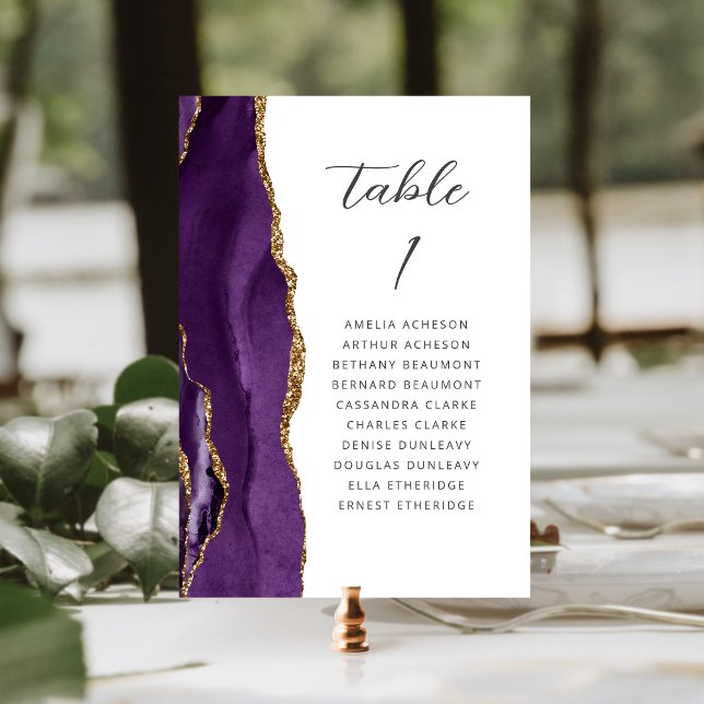 Tarjeta De Mesa Agate Purple Gold Modern Script Boda (Subido por el creador)
