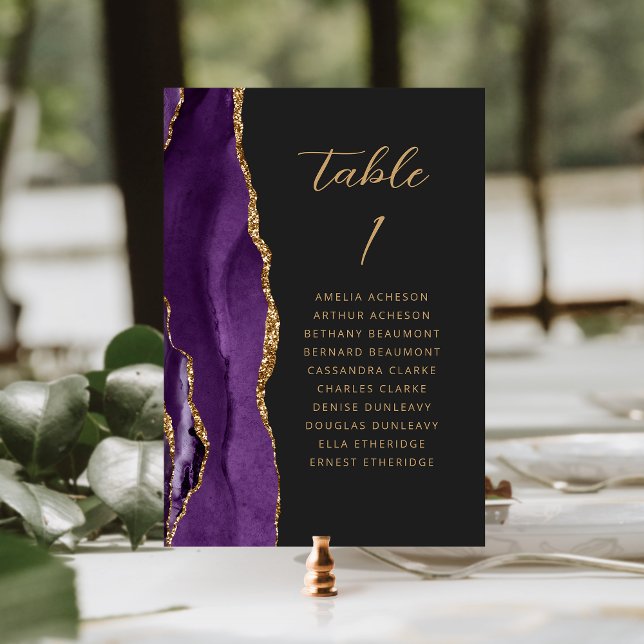 Tarjeta De Mesa Agate Purple Gold Modern Script Dark Boda (Subido por el creador)