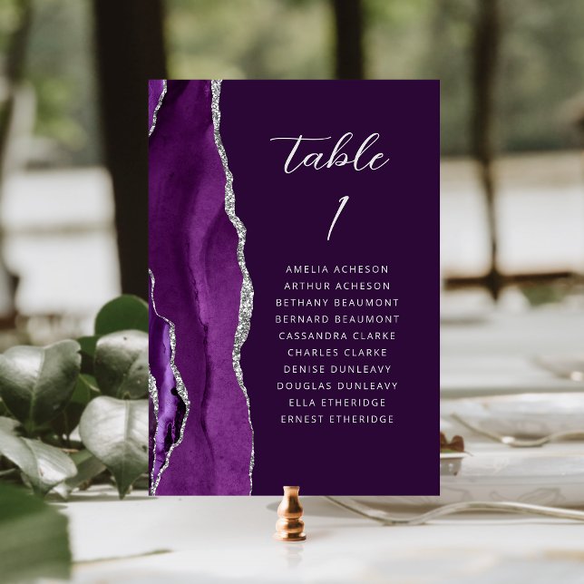 Tarjeta De Mesa Agate Purple Silver Modern Script Plum Boda (Subido por el creador)