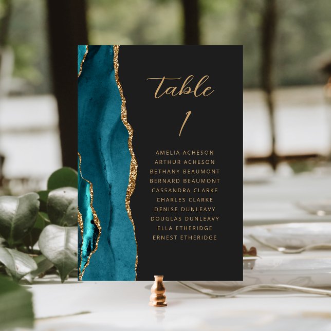 Tarjeta De Mesa Agate Verde azulado Blue Gold Modern Script Dark B (Subido por el creador)