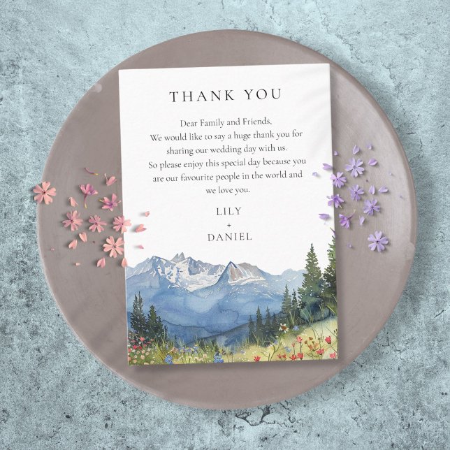 Tarjeta De Mesa Agradecimiento de Boda de Flor Silvestre de Montañ (Watercolor Mountain Wildflower Wedding Thank You Place Card)