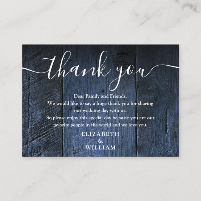 Tarjeta De Mesa Agradecimiento de boda de madera rústica azul (Anverso)