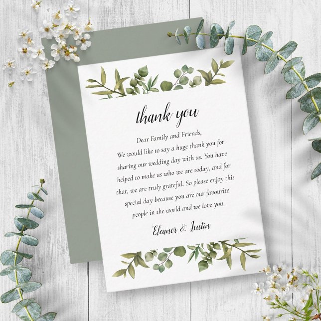 Tarjeta De Mesa Agradecimiento de boda de verde de eucalipto del b (Woodland Eucalyptus Greenery Wedding Thank You Place Card)