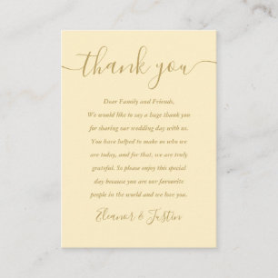 Tarjeta De Mesa Agradecimiento de boda en guión amarillo y dorado