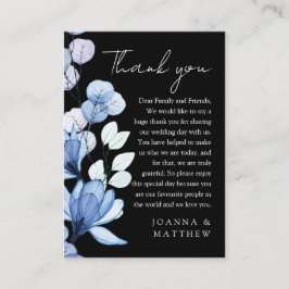 Tarjeta De Mesa Agradecimiento de Boda Floral Azul Negro y Blanco