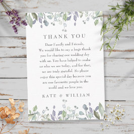 Tarjeta De Mesa Agradecimiento de boda floral de lila acuarela