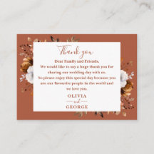 Agradecimiento de boda floral de otoño en terracot