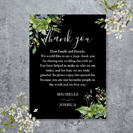 Tarjeta De Mesa Agradecimiento de boda floral verde y blanco y neg